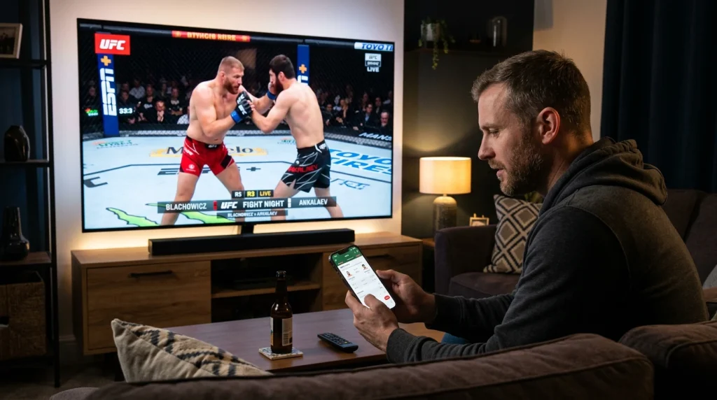Pessoa a acompanhar combate UFC e fazer apostas ao vivo no telemóvel