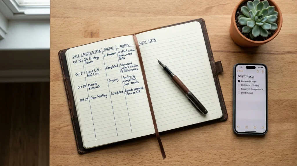 Caderno com registos de apostas e gestão de banca organizada