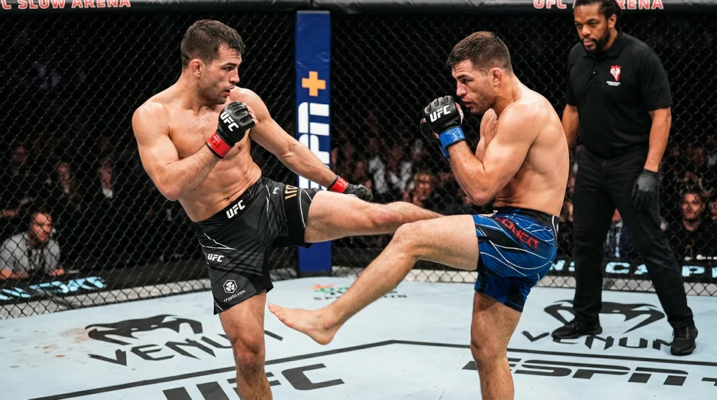 Dois lutadores em combate dentro do octógono durante evento UFC